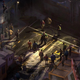 A scene in Disco Elysium shows a crowd gathering outside.